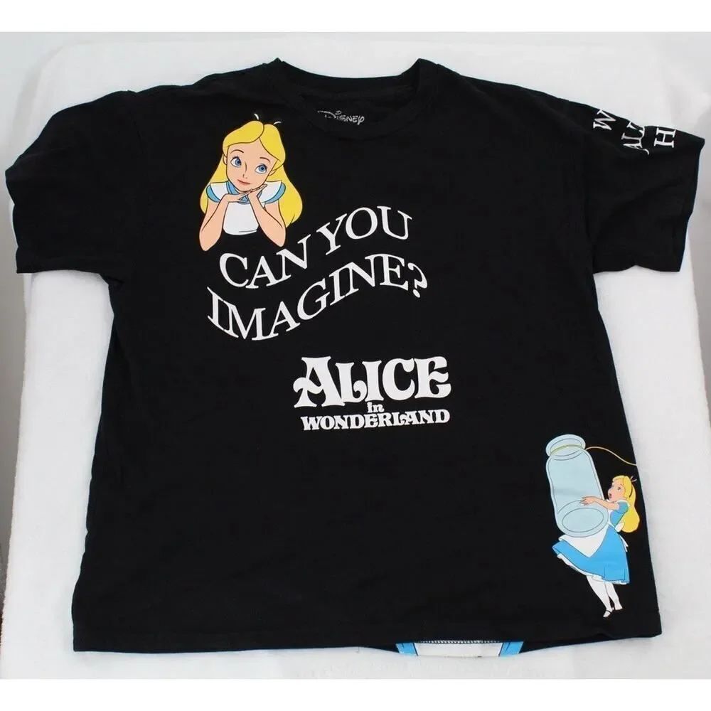 Disney Shirt Medium Alice in Wonderland Black All Over Print Short Sleeve